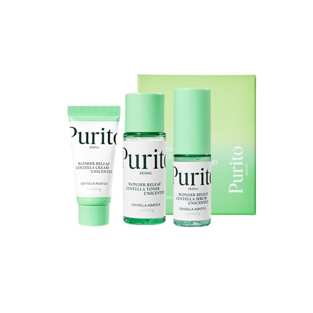 The PURITO SEOUL Wonder Releaf Centella Mini Kit Unscented is a gentle skincare trio designed to calm and nourish sensitive skin. This set includes the Wonder Releaf Centella Toner, Serum, and Cream, all unscented and packed with Centella Asiatica to soothe irritation and strengthen the skin barrier. Ideal for on-the-go care, each product provides lightweight hydration and support for a balanced, healthy complexion without any added fragrance. Perfect for sensitive and redness-prone skin. 