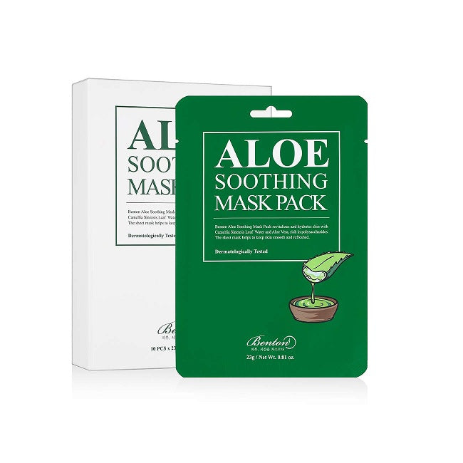 BENTON Aloe Soothing Mask Pack is a refreshing and hydrating sheet mask infused with Aloe Barbadensis Leaf Water and Aloe Extract to deeply soothe and moisturize the skin. Enriched with Camellia Sinensis Leaf Water, Cucumber Extract, and Sodium Hyaluronate, it helps calm irritation, lock in hydration, and leave your skin feeling soft and rejuvenated. Perfect for all skin types, especially sensitive and dry skin, this mask provides instant relief and a healthy, glowing complexion. 