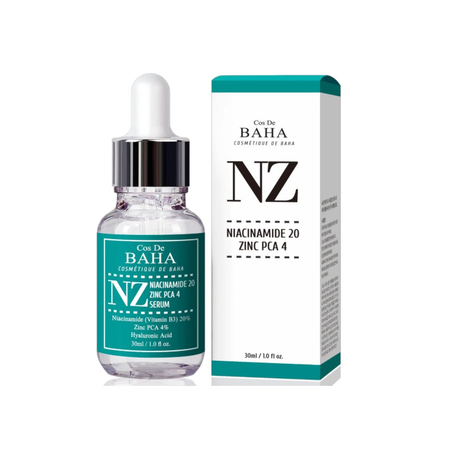 COS DE BAHA (NZ) Niacinamide 20% + Zinc 4% Serum is a potent serum designed to target blemishes, control excess oil, and improve overall skin texture. Formulated with 20% Niacinamide and 4% Zinc PCA, it helps minimize the appearance of pores, brighten skin tone, and soothe irritation. Enriched with Aloe Vera, Hyaluronic Acid, and botanical extracts, this serum provides hydration and calms the skin, making it suitable for those with oily or acne-prone skin.