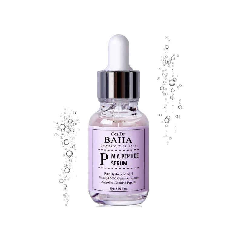 COS DE BAHA (P) M.A Peptide Serum is an anti-aging serum suitable for all skin types, especially those targeting fine lines and loss of elasticity. Formulated with Matrixyl 3000 (Palmitoyl Tripeptide-1 & Palmitoyl Tetrapeptide-7) and Argireline (Acetyl Hexapeptide-8), it helps reduce the appearance of wrinkles and improves skin firmness. Niacinamide brightens the skin, while Sodium Hyaluronate and Aloe Vera deeply hydrate and soothe. Enriched with botanical extracts like Rosa Damascena and Green Tea, th