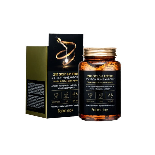 FARM STAY 24k Gold & Peptide Solution Prime Ampoule is a luxurious ampoule enriched with real 24k Gold and potent peptides to rejuvenate and enhance the skin's natural radiance. This powerful formula includes Niacinamide to brighten the complexion and Sodium Hyaluronate for deep hydration. The blend also features natural extracts like Royal Jelly, Honey, and Yuzu, providing antioxidants and additional nourishing benefits. Ideal for daily use, this ampoule helps to smooth fine lines, firm the skin, and resto