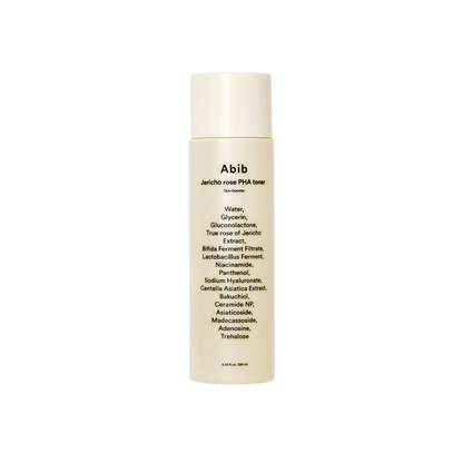 ABIB Jericho Rose PHA Toner Skin Booster is a gentle exfoliating and hydrating toner that smooths, brightens, and strengthens the skin. Powered by Gluconolactone (PHA), Niacinamide, and Bakuchiol, it helps refine texture and even skin tone while promoting a healthy glow. Jericho Rose Extract, Centella Asiatica, Panthenol, Squalane, and Ceramides work together to soothe irritation, strengthen the skin barrier, and lock in long-lasting moisture. Skin feels soft, refreshed, and perfectly prepped for the next s