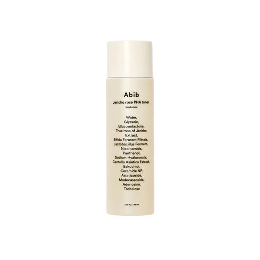 ABIB Jericho Rose PHA Toner Skin Booster is a gentle exfoliating and hydrating toner that smooths, brightens, and strengthens the skin. Powered by Gluconolactone (PHA), Niacinamide, and Bakuchiol, it helps refine texture and even skin tone while promoting a healthy glow. Jericho Rose Extract, Centella Asiatica, Panthenol, Squalane, and Ceramides work together to soothe irritation, strengthen the skin barrier, and lock in long-lasting moisture. Skin feels soft, refreshed, and perfectly prepped for the next s