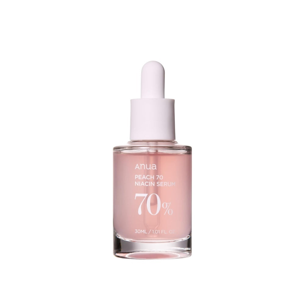 ANUA Peach 70 Niacin Serum features 70.2% Peach Fruit Extract combined with Niacinamide to brighten and even out skin tone. It hydrates and soothes the skin with added Hyaluronic Acid and Centella Asiatica Extract, leaving your complexion refreshed and radiant. Perfect for those seeking a glowing, balanced look.