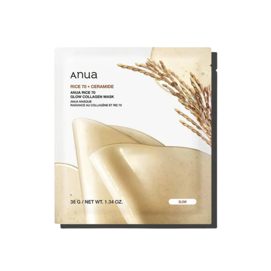 ANUA Rice 70 Glow Collagen Mask is a luxurious facial mask designed to brighten and revitalize the skin. Infused with 70% Rice Bran Water and enriched with Collagen and Niacinamide, this mask deeply hydrates while improving skin elasticity and reducing the appearance of dark spots. Key ingredients like Hyaluronic Acid and Ceramide NP work together to moisturize and strengthen the skin's barrier, leaving your complexion smooth, supple, and glowing. Ideal for all skin types, this mask is perfect for achieving