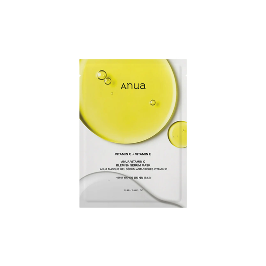 ANUA Vitamin C Blemish Serum Mask is a brightening sheet mask designed to improve dullness and dark spots. Made with Vitamin C, Niacinamide, and Ferulic Acid, it helps even skin tone while hydrating with Hyaluronic Acid. Soothing botanical extracts calm the skin, leaving your complexion fresh, radiant, and glowing after each use.