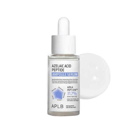 APLB Azelaic Acid Peptide Ampoule Serum is a multi-action treatment that helps refine skin texture, balance oil, and brighten dull complexions. Formulated with Azelaic Acid and Peptides, it targets blemishes, uneven tone, and redness while supporting a smoother, more radiant look. Infused with Centella Asiatica Leaf Water, Tea Tree Extract, and Panthenol, it calms irritation and strengthens the skin barrier. Squalane and Hyaluronic Acid deliver lasting hydration, leaving the skin soft, balanced, and refresh