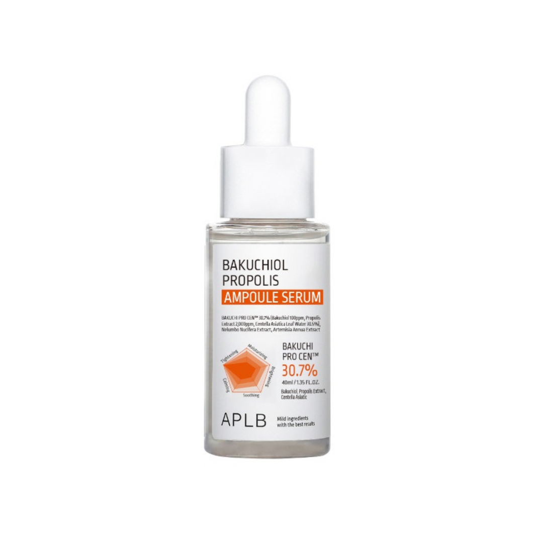 APLB Bakuchiol Propolis Ampoule Serum is a rejuvenating formula designed for vibrant, healthy skin. It features Centella Asiatica Leaf Water as its star ingredient, renowned for its soothing and healing properties. This serum is enriched with Propolis Extract and Bakuchiol, which provide deep nourishment and the anti-aging benefits of retinol without irritation. Additional extracts like Eggplant and Tea Tree help clarify and refine the complexion. Ideal for all skin types, it leaves your skin feeling smooth