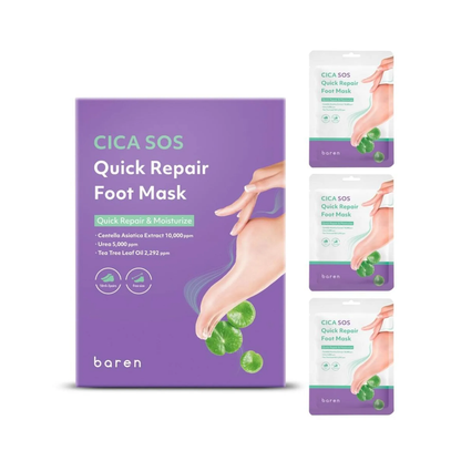 BAREN CICA SOS Quick Repair Foot Mask is an intensive treatment designed to soften, soothe, and repair dry, rough feet. Formulated with Centella Asiatica Extract, Urea, and Panthenol, it helps calm irritation while deeply moisturizing stressed skin. Shea Butter, Argan Oil, and Jojoba Seed Oil nourish and smooth rough areas, while multiple forms of Hyaluronic Acid deliver lasting hydration. This foot mask leaves feet feeling softer, refreshed, and comfortably moisturized after use, making it ideal for tired,