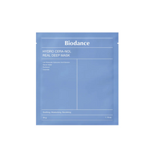 Load image into Gallery viewer, The BIODANCE Hydro Cera-Nol Real Deep Mask is a rich, hydrating mask that deeply nourishes and revitalizes the skin. Infused with Ceramides and Hydrolyzed Hyaluronic Acid, this mask strengthens the skin barrier and provides long-lasting moisture, leaving the skin soft and supple. Niacinamide helps to brighten and even out skin tone, while Shea Butter and Panthenol soothe and protect the skin. Enhanced with natural extracts like Rose Flower Water and Melon Fruit Extract, this mask delivers a luxurious skinca