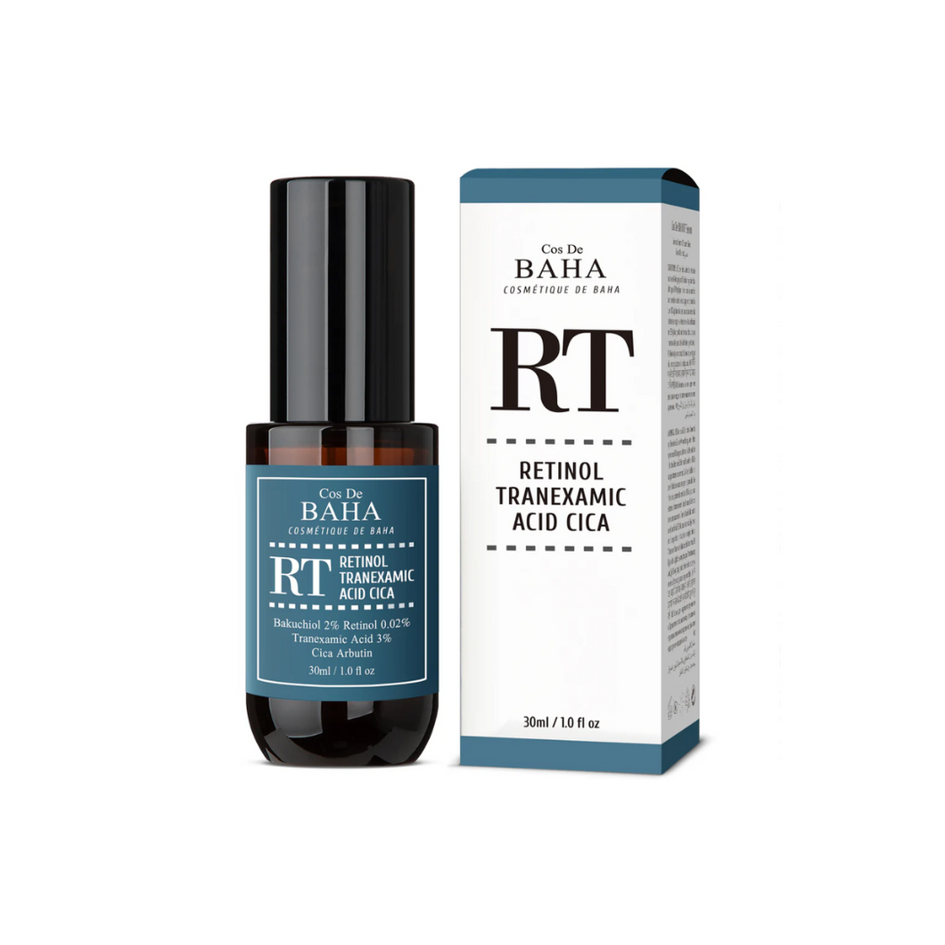 COS DE BAHA (RT) Retinol Tranexamic Acid Cica Serum is a multi-functional serum designed to target signs of aging, hyperpigmentation, and skin sensitivity. Formulated with Retinol to smooth fine lines, Tranexamic Acid to reduce dark spots, and Bakuchiol for gentle skin renewal, this serum promotes a brighter, more even complexion. Soothing ingredients like Centella Asiatica (Cica), Panthenol, and Sodium Hyaluronate hydrate and calm the skin, while Ceramide NP strengthens the skin barrier. Enhanced with anti