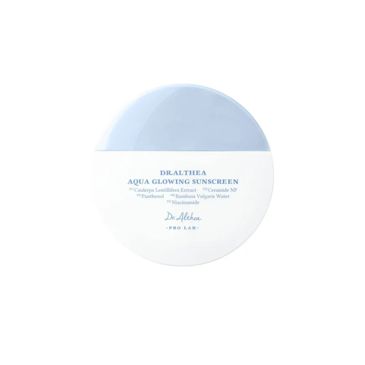 DR. ALTHEA Aqua Glowing Sunscreen SPF 50+ PA++++ is a lightweight daily sunscreen that provides high UV protection while keeping skin hydrated, smooth, and radiant. Formulated with Bambusa Vulgaris Water, Panthenol, and Caulerpa Lentillifera Extract, it helps soothe and replenish moisture, while Niacinamide supports a brighter, more even-looking complexion. Ceramide NP, Hyaluronic Acid, and PDRN (Sodium DNA) provide additional hydration and barrier care. The lightweight cream texture absorbs easily without 