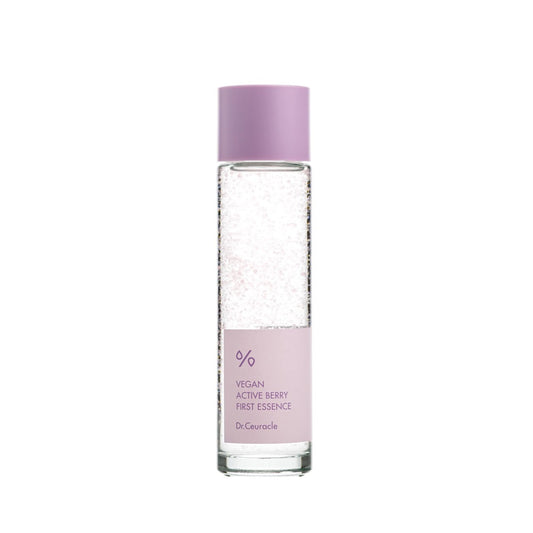 DR. CEURACLE Vegan Active Berry First Essence is a hydrating and revitalizing essence enriched with antioxidant-rich Cranberry Extract and nourishing botanical ingredients. Infused with Centella Asiatica, Fig Extract, and Sodium Hyaluronate, it soothes, hydrates, and boosts the skin’s natural barrier. With added Resveratrol and Ceramides, this essence helps improve elasticity and promotes a radiant complexion. Perfect for refreshing and preparing the skin for the rest of your skincare routine.