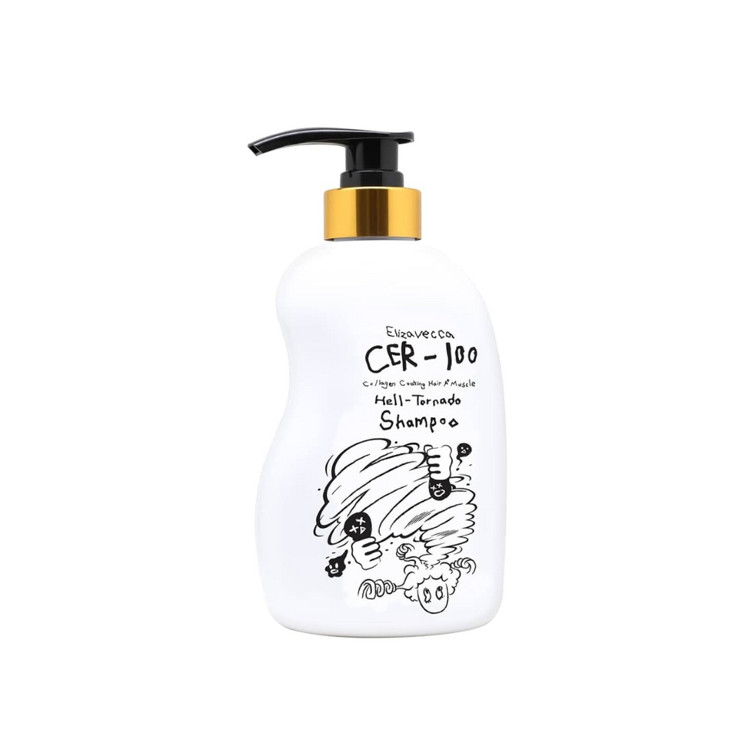 ELIZAVECCA Cer-100 Collagen Coating Hair A+ Muscle Helltornado Shampoo is a powerful repairing shampoo designed to strengthen and revitalize damaged, brittle hair. Enriched with Hydrolyzed Collagen, Keratin, and a blend of botanical extracts like Tea Tree Oil and Ginseng Root, it helps restore elasticity, smooth frizz, and deeply nourish the scalp. With added proteins and Niacinamide, it supports healthier, softer, and shinier hair while providing a refreshing cleanse. Ideal for dry, weak, or chemically tre