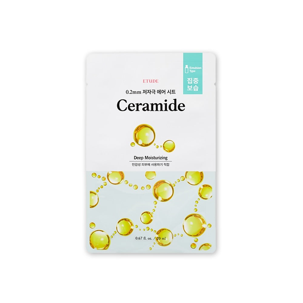 The ETUDE 0.2mm Therapy Air Ceramide Mask is an ultra-thin, breathable sheet mask infused with Ceramide 2 to deeply hydrate and strengthen the skin barrier. This lightweight mask adheres closely to the skin, delivering a nourishing blend of ingredients like Centella Asiatica Extract and Sodium Hyaluronate for soothing and moisturizing benefits. With added botanical extracts, including Licorice Root and Green Tea, this mask calms and revitalizes the skin, leaving it soft, smooth, and radiant. Perfect for all