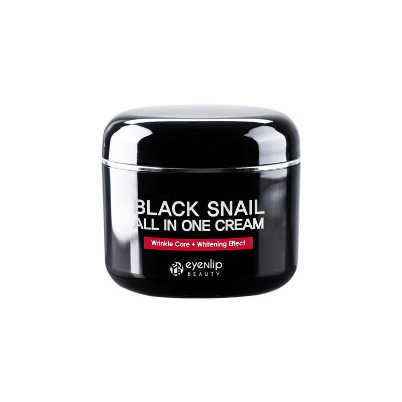 EYENLIP Black Snail All In One Cream is a rich and nourishing moisturizer designed to rejuvenate and repair the skin. With a high concentration of Snail Secretion Filtrate (73.8%), this cream enhances skin elasticity, reduces the appearance of wrinkles, and boosts hydration. It's fortified with Niacinamide to brighten skin tone and Sunflower Seed Oil to moisturize deeply. Additional beneficial ingredients like Panthenol, Vitamin E, and a variety of fruit extracts provide anti-inflammatory benefits and furth