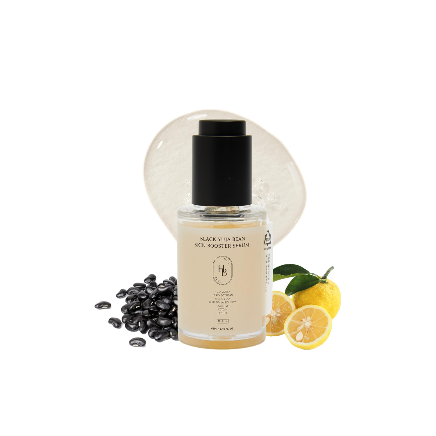 HEVEBLUE Black Yuja Bean Skin Booster Serum is a brightening and firming treatment powered by Citrus Yuja Water, Soybean Seed Water, and Mung Bean Seed Water. This nourishing formula hydrates deeply while supporting skin elasticity with peptides like Palmitoyl Tripeptide-5 and Acetyl Hexapeptide-8. Enriched with Centella Asiatica, Green Tea, and Lactococcus Ferment, it soothes, strengthens the skin barrier, and boosts radiance. Lightweight and fast-absorbing, it leaves the skin smooth, revitalized, and glow