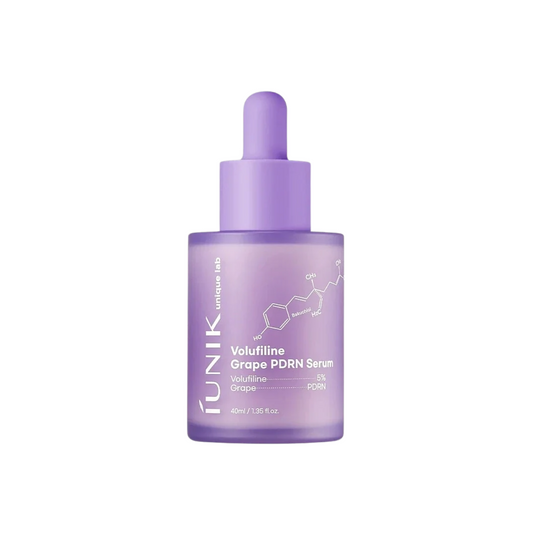 IUNIK Volufiline Grape PDRN Serum is a firming and plumping serum designed to improve elasticity, smooth fine lines, and support bouncy, youthful-looking skin. Formulated with 5% Volufiline, Grape PDRN, Bakuchiol, and six Peptides, it helps improve firmness, skin texture, and the appearance of enlarged pores. Squalane, Beta-Glucan, Hyaluronic Acid, and Hydrolyzed Collagen provide nourishing hydration and help support the skin barrier. The silky, fragrance-free formula is clinically tested and suitable for s