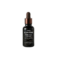 Load image into Gallery viewer, JUMISO All Day Vitamin Pure C 5.5 Glow Serum is a brightening serum formulated with 5.5% pure Vitamin C (Ascorbic Acid) to revitalize and even out the skin tone. It lightens hyperpigmentation and dark spots due to the combination of Vitamin C and Alpha-Arbutin. Enriched with Sodium Hyaluronate for deep hydration, and antioxidants like Tocopherol and Ferulic Acid, it helps protect the skin while enhancing radiance. Suitable for all skin types.