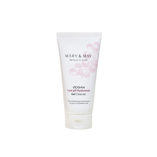 MARY &amp; MAY Vegan Low pH Hyaluronic Gel Cleanser is a gentle, hydrating cleanser designed to maintain the skin's natural balance. Infused with Sodium Hyaluronate, multiple forms of Hyaluronic Acid, and Ceramide, it deeply moisturizes and strengthens the skin barrier while cleansing. The low pH formula, along with Centella Asiatica and Fig Fruit Extracts, soothes and calms the skin. Ideal for all skin types, especially sensitive skin, this vegan cleanser effectively removes impurities without stripping mo