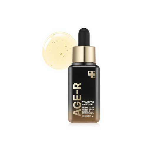 MEDICUBE AGE-R Vita C Pro Ampoule is a powerful brightening treatment formulated with 21% Pure Vitamin C (Ascorbic Acid) and 2% 3-O-Ethyl Ascorbic Acid to visibly improve skin tone and radiance. Infused with Panthenol, Ferulic Acid, Turmeric Root Extract, and Broccoli Extract, this ampoule helps soothe the skin while protecting it from environmental stress. The addition of Hydrogenated Jojoba Esters and Beta-Glucan supports hydration and barrier care. Ideal for dull, uneven skin, this formula works to resto