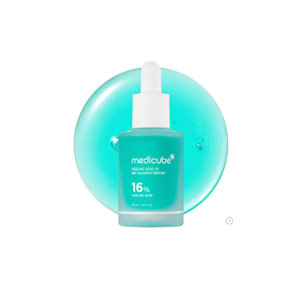 MEDICUBE Azelaic Acid 16 BB Soothing Serum is a lightweight treatment designed to help balance oil, calm irritation, and support clearer-looking skin. Formulated with a high concentration of Azelaic Acid, it helps reduce excess sebum while improving uneven texture and redness. Ingredients like Niacinamide, Centella Asiatica Extract, Panthenol, and Allantoin work together to soothe sensitive skin and maintain hydration. Ceramide NP, Squalane, and Shea Butter help support the skin barrier, leaving skin feelin