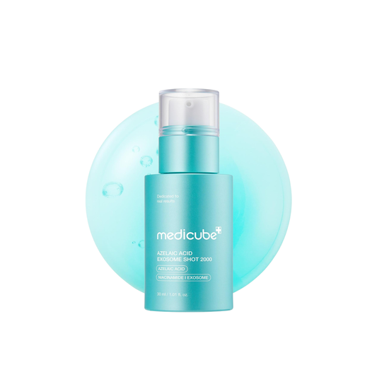 MEDICUBE Azelaic Acid Exosome Shot 2000 is a targeted serum designed to help calm stressed skin, improve uneven tone, and refine rough or post-blemish texture. Formulated with 99% purity Azelaic Acid, 5% Niacinamide, Exosomes, Centella Asiatica, Ceramide NP, Salicylic Acid, and Hyaluronic Acid, it helps support clearer, smoother, and more balanced-looking skin while maintaining hydration and barrier comfort. Suitable for blemish-prone, oily, combination, sensitive, redness-prone, uneven, and textured skin.