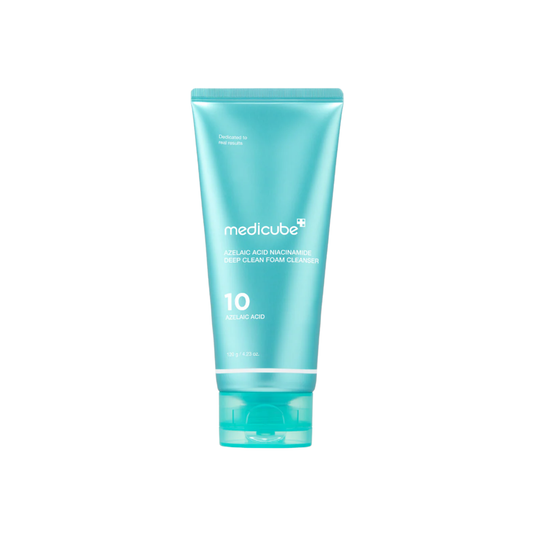 MEDICUBE Azelaic Acid Niacinamide Deep Clean Foam Cleanser is a creamy cleanser designed to deeply cleanse pores while helping reduce redness and improve uneven skin tone. Formulated with Azelaic Acid and Niacinamide, it supports a clearer, more balanced complexion, while Salicylic Acid helps remove excess oil and unclog pores. With added Glycerin, Hyaluronic Acid, Ceramides, and Centella Asiatica Extract, it hydrates and helps protect the skin barrier, leaving skin feeling clean, smooth, and refreshed with