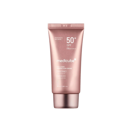 MEDICUBE Collagen Firming Sun Cream is a moisturizing sunscreen that helps protect, hydrate, and improve the look of firmness and elasticity. Formulated with Titanium Dioxide and modern UV filters, it provides broad-spectrum sun protection while Niacinamide helps brighten dull-looking skin. A Quadruple Collagen Complex, multiple forms of Hyaluronic Acid, Panthenol, and Ceramide NP help keep skin plump, smooth, and comfortably hydrated. The formula also contains Adenosine and Amino Acids to support a healthi