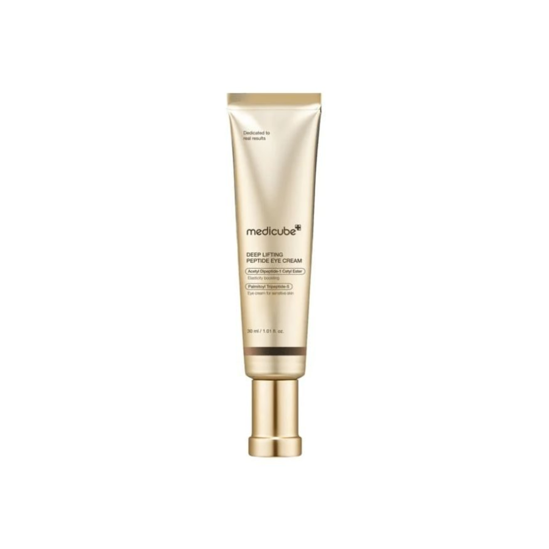 MEDICUBE Deep Lifting Peptide Eye Cream is a nourishing anti-aging formula designed to firm, smooth, and revitalize the delicate eye area. Enriched with multiple peptides including Acetyl Hexapeptide-1, Palmitoyl Tripeptide-5, and Copper Tripeptide-1, it helps reduce the appearance of fine lines and improves skin elasticity. Niacinamide, Panthenol, and Ceramide NP support skin barrier health and brightening, while Hyaluronic Acid and Collagen complexes deliver deep hydration and plumping effects. This rich 