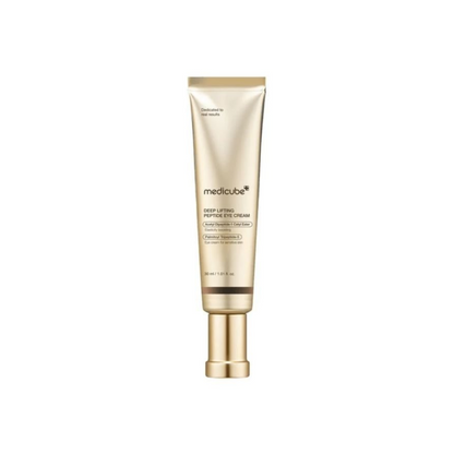 MEDICUBE Deep Lifting Peptide Eye Cream is a nourishing anti-aging formula designed to firm, smooth, and revitalize the delicate eye area. Enriched with multiple peptides including Acetyl Hexapeptide-1, Palmitoyl Tripeptide-5, and Copper Tripeptide-1, it helps reduce the appearance of fine lines and improves skin elasticity. Niacinamide, Panthenol, and Ceramide NP support skin barrier health and brightening, while Hyaluronic Acid and Collagen complexes deliver deep hydration and plumping effects. This rich 