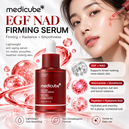 MEDICUBE EGF NAD Firming Serum is a lightweight anti-aging serum designed to improve the look of firmness, radiance, and visible signs of aging. Formulated with EGF, NAD, Niacinamide, Adenosine, Ectoin, Collagen Extract, Glutathione, Hyaluronic Acid, and multiple Peptides, it helps support smoother, firmer, and more revitalized-looking skin. The non-comedogenic formula absorbs comfortably and is suitable for dull, mature, normal, combination, and elasticity-concerned skin.