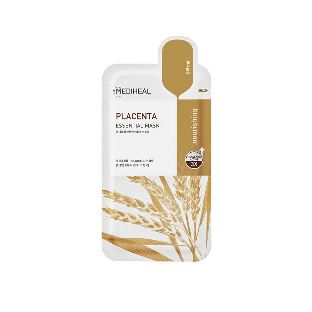 MEDIHEAL Placenta Essential Mask is a nourishing sheet mask infused with Placenta Active 3X, a potent blend of Rye-derived placenta, Soybean-derived placenta, and Leontopodium Alpinum Callus. This formula deeply rejuvenates and revitalizes your skin, leaving it soft and glowing. The mask is crafted from a hypoallergenic, biodegradable, and certified vegan bamboo-derived sheet, providing a gentle and eco-friendly skincare experience. Perfect for boosting your skin's radiance and hydration.