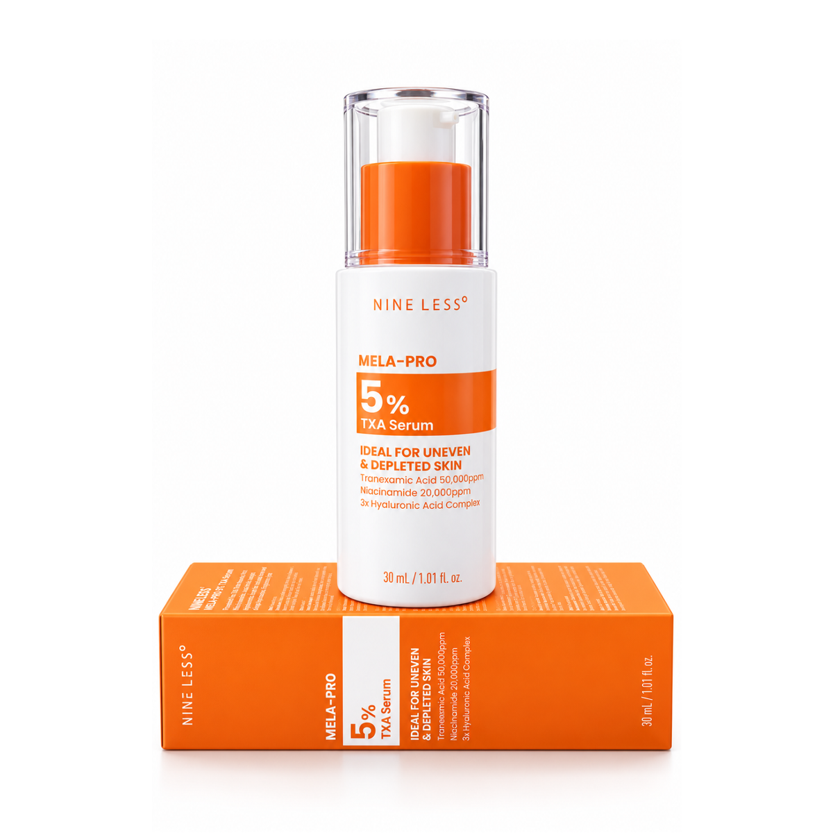 NINELESS MELA-PRO 5% Tranexamic Acid Serum is a brightening serum designed to target dark spots, discoloration, and uneven skin tone. Formulated with 5% Tranexamic Acid, Niacinamide, Vitamin C, and Glutathione, it helps improve skin clarity and promote a brighter, more even-looking complexion. Hyaluronic Acid provides lasting hydration, while Allantoin helps soothe and comfort the skin. The moisturizing formula leaves skin feeling smooth, hydrated, and radiant. Ideal for normal, combination, dry, dull, and 