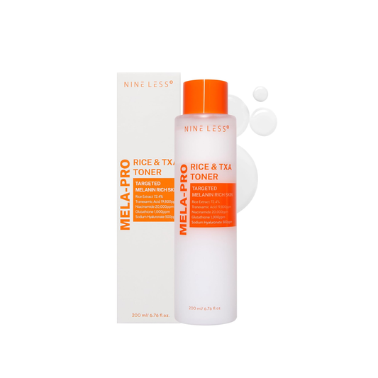 NINELESS MELA-PRO Rice & TXA Toner is a brightening, hydrating toner formulated to target dark spots and uneven skin tone. Featuring Rice Seed Water, Niacinamide, and Tranexamic Acid, it helps improve clarity while soothing the skin with botanical extracts like Willow Bark, Portulaca, and Scutellaria. Lightweight and nourishing, this toner leaves the complexion smoother, brighter, and more balanced.