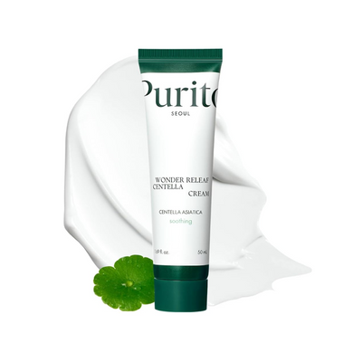 PURITO SEOUL Wonder Releaf Centella Cream is a soothing and hydrating moisturizer that calms sensitive and irritated skin. Infused with Centella Asiatica Extract (17,061 ppm), it provides powerful healing and anti-redness benefits. The cream is enriched with Squalane, Shea Butter, and Macadamia Seed Oil to deeply moisturize and restore the skin's barrier. Niacinamide brightens and improves skin texture, while Ceramide NP, Madecassic Acid, and Asiatic Acid help reinforce the skin's protective barrier. This l