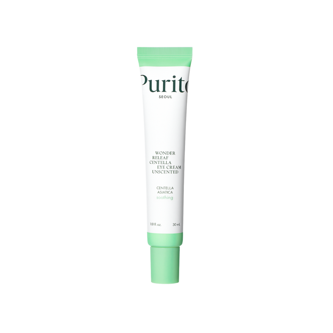 The PURITO SEOUL Wonder Releaf Centella Eye Cream Unscented is a nourishing eye cream designed to hydrate and soothe the delicate skin around the eyes. Formulated with 25,545 ppm of Centella Asiatica extract, it helps calm and repair the skin. Enriched with peptides, Sodium Hyaluronate, and Ceramide NP, this cream improves skin elasticity and reduces the appearance of fine lines. Lightweight and fragrance-free, it's perfect for all skin types, especially sensitive skin.