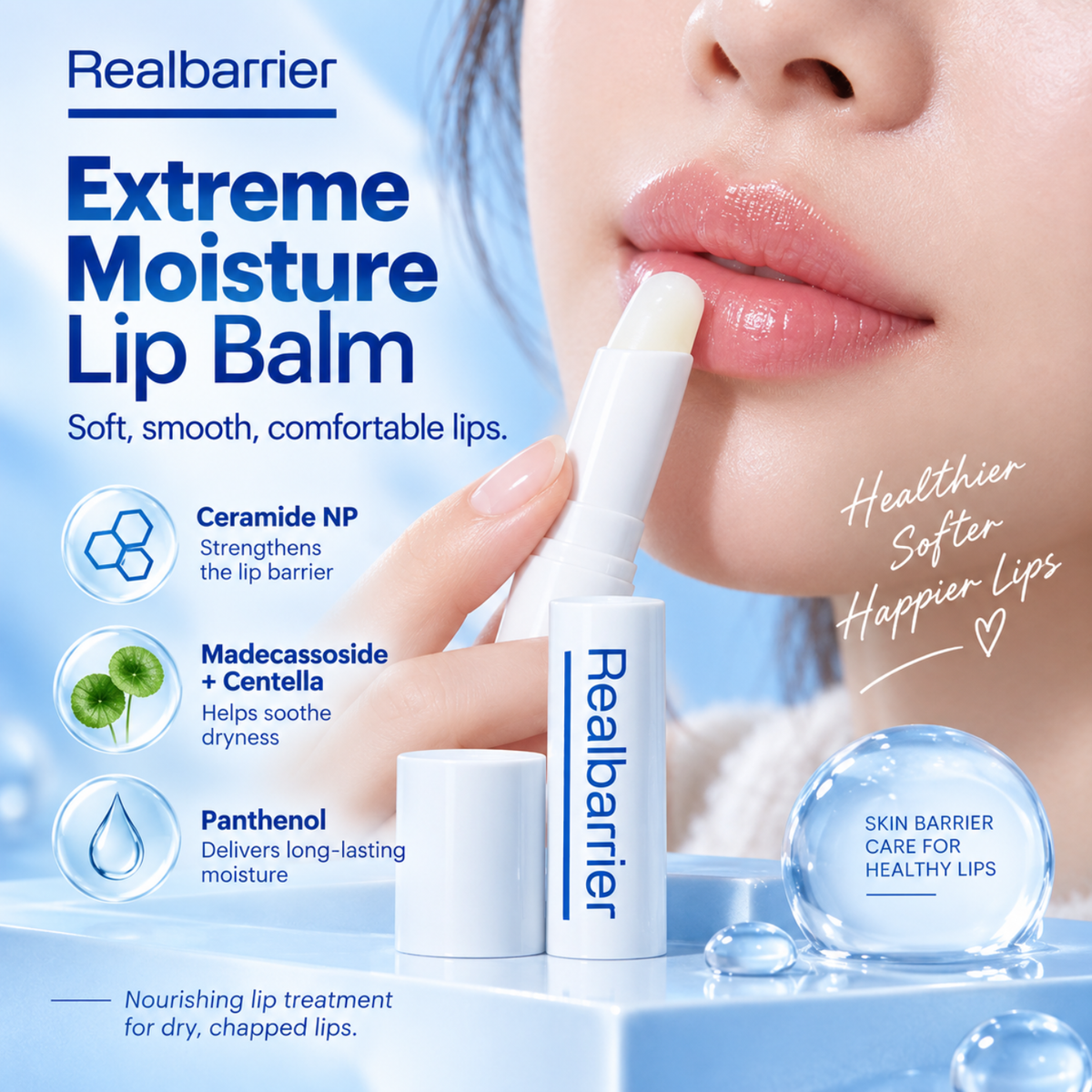REAL BARRIER Extreme Moisture Lip Balm is a nourishing lip treatment that helps relieve dryness and strengthen the lip barrier. Formulated with Ceramide NP, Madecassoside, Centella Asiatica Extract, and Panthenol, it delivers long-lasting moisture while keeping lips soft, smooth, and comfortable.
