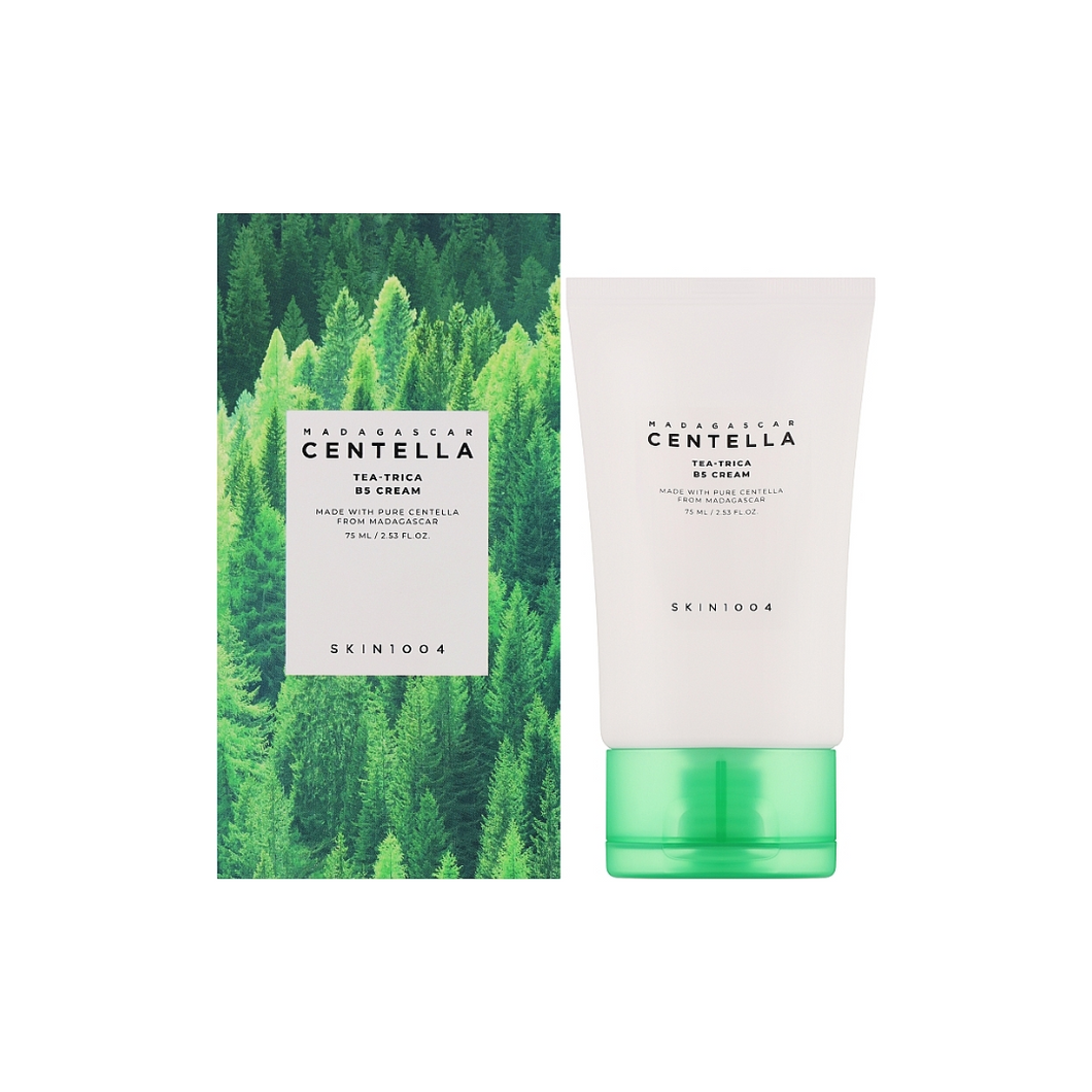 SKIN1004 Madagascar Centella Tea-Trica B5 Cream is designed to soothe and hydrate sensitive, irritated skin. It combines Tea Tree Leaf Water and Cypress Water to reduce redness and clear blemishes, while Panthenol and Niacinamide strengthen the skin's barrier and enhance moisture retention. Centella Asiatica Extract and Hyaluronic Acid deeply soothe and hydrate the skin, making this cream perfect for achieving a calm, balanced complexion.