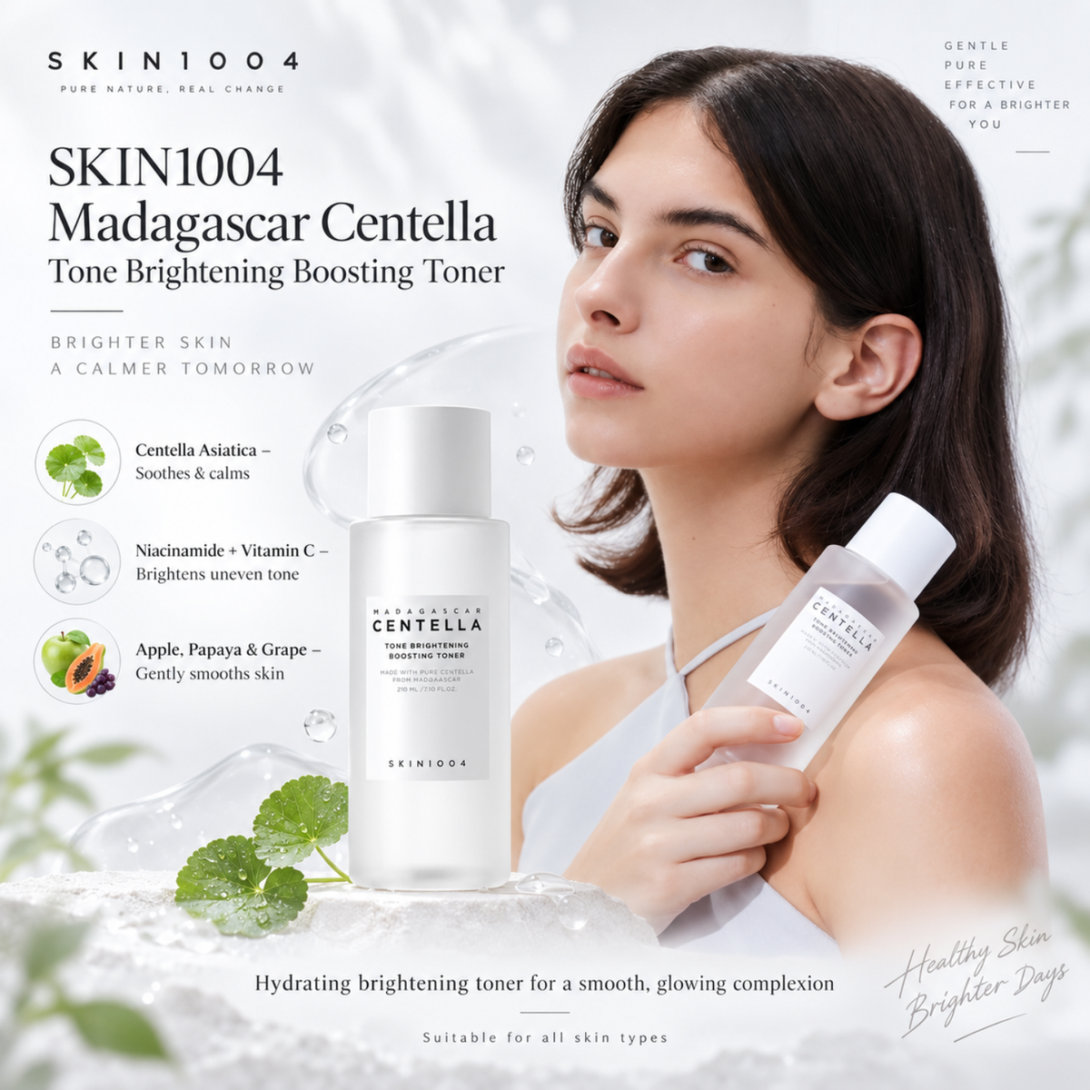 SKIN1004 Madagascar Centella Tone Brightening Boosting Toner is a hydrating and brightening toner formulated with Centella Asiatica Extract to soothe and calm the skin. Enriched with Niacinamide and 2-O-Ethyl Ascorbic Acid, it helps brighten the complexion and improve skin tone. The addition of fruit extracts like Apple, Papaya, and Grape provides gentle exfoliation and nourishment, leaving the skin smooth and revitalized. This toner prepares the skin for better absorption of the following skincare steps wh