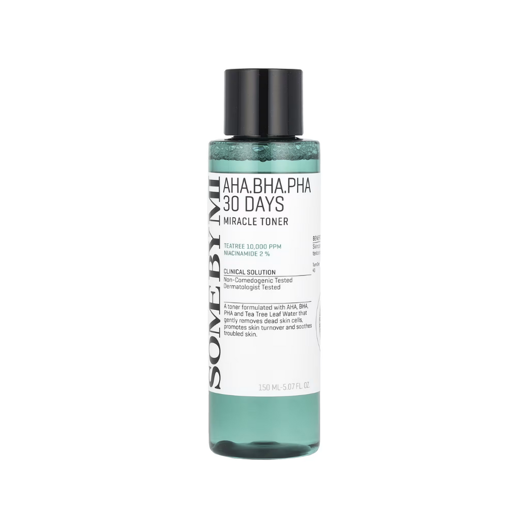 SOME BY MI AHA-BHA-PHA 30Days Miracle Toner is a multi-tasking toner formulated to exfoliate, brighten, and soothe the skin. Enriched with 10,000 ppm Tea Tree Leaf Water and 2% Niacinamide, it helps control excess oil, reduce the appearance of pores, and improve uneven skin tone. AHA, BHA, and PHA gently exfoliate dead skin cells, promoting a smoother, clearer complexion, while soothing ingredients like Allantoin and Sodium Hyaluronate hydrate and calm the skin. Ideal for oily, combination, and acne-prone s