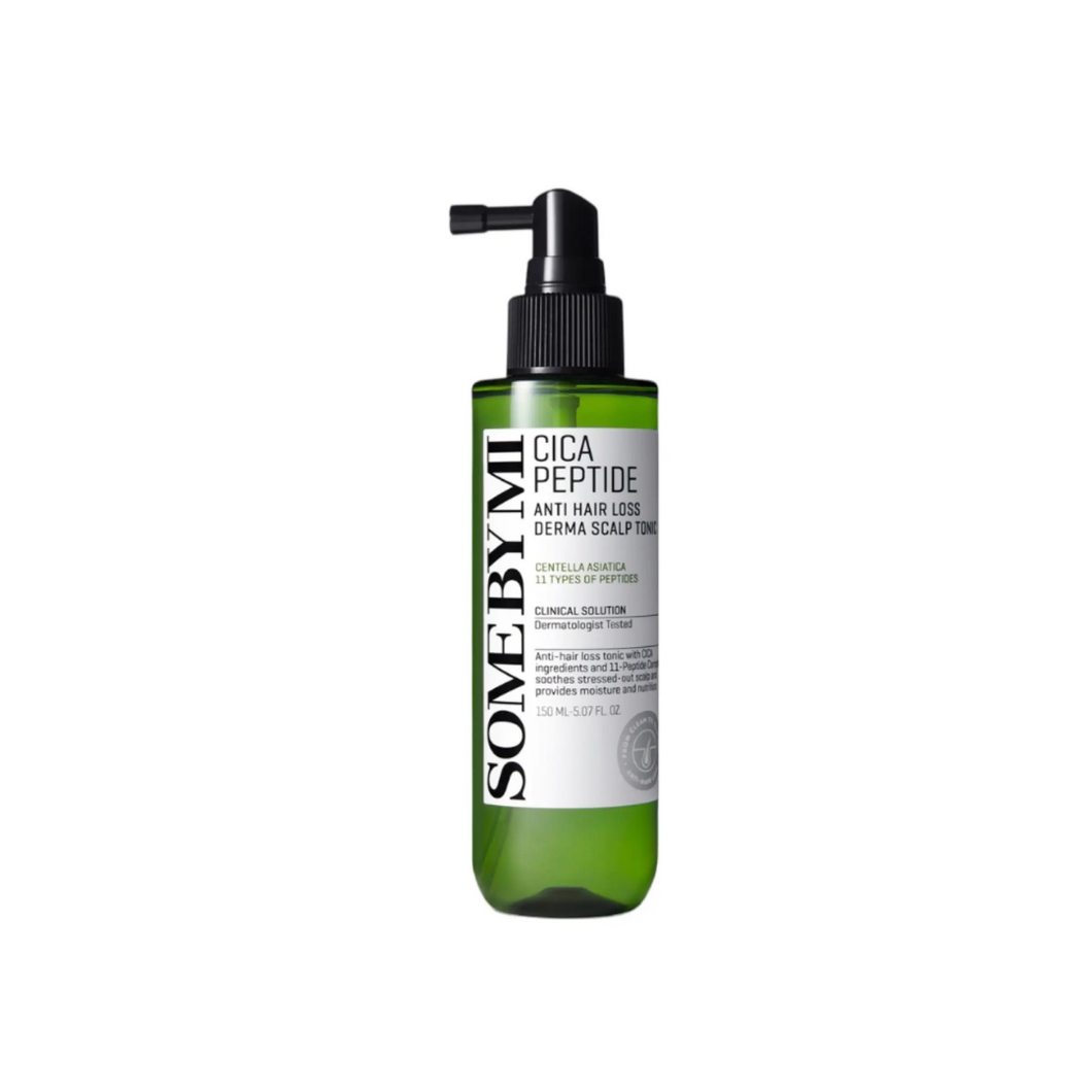 SOME BY MI Cica Peptide Anti Hair Loss Derma Scalp Tonic is a revitalizing scalp treatment designed to combat hair loss and promote healthier hair growth. Infused with a blend of Cica (Centella Asiatica) and multiple peptides, this tonic helps to strengthen hair follicles, soothe the scalp, and improve overall scalp health. Enriched with natural extracts like Peppermint, Green Tea, and Houttuynia Cordata, it provides a refreshing sensation while nourishing the scalp. Ideal for those experiencing hair thinni