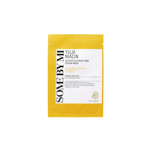 SOME BY MI Yuja Niacin Blemish Care Serum Mask is a brightening and hydrating sheet mask infused with 2% Niacinamide and 10,000 ppm of Yuja (Citrus Junos) Fruit Extract to target dark spots and uneven skin tone. This mask helps improve the complexion, reduce blemishes, and boost radiance. Enriched with Hyaluronic Acid for deep hydration and Allantoin to soothe the skin, it leaves your skin feeling refreshed and revitalized. The addition of Panthenol and botanical extracts further nourishes and calms the ski