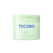 Load image into Gallery viewer, TOCOBO Cica Calming Aqua Pad is a soothing and hydrating solution designed to calm sensitive skin. Infused with Centella Asiatica Leaf Extract and Tea Tree Extract, it helps reduce irritation and redness while promoting a healthy skin barrier. The pads contain a blend of multiple forms of Hyaluronic Acid to deeply hydrate the skin, along with Beta-Glucan and Ceramides to strengthen and protect. With added Niacinamide for brightening, this gentle formula leaves your skin feeling refreshed and calm. Perfect 