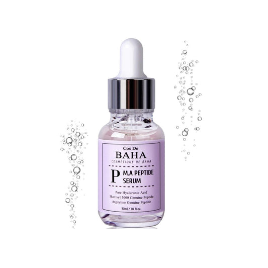 COS DE BAHA (P) M.A Peptide Serum is an anti-aging serum suitable for all skin types, especially those targeting fine lines and loss of elasticity. Formulated with Matrixyl 3000 (Palmitoyl Tripeptide-1 &amp; Palmitoyl Tetrapeptide-7) and Argireline (Acetyl Hexapeptide-8), it helps reduce the appearance of wrinkles and improves skin firmness. Niacinamide brightens the skin, while Sodium Hyaluronate and Aloe Vera deeply hydrate and soothe. Enriched with botanical extracts like Rosa Damascena and Green Tea, th