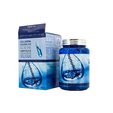 FARM STAY Collagen & Hyaluronic Acid All-in-One Ampoule is formulated with Sodium Hyaluronate (10,750mg) and Hydrolyzed Collagen (2,500mg) to deeply hydrate and enhance skin elasticity. Infused with Vitamin E, Witch Hazel Extract, and Jojoba Seed Extract, it nourishes and soothes the skin, promoting a smooth, radiant appearance. With the added benefits of Licorice Root Extract and Green Tea Leaf Extract, this multi-functional ampoule brightens and revitalizes, leaving your skin refreshed and glowing. Perfec