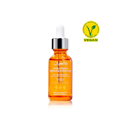 JUMISO All Day Vitamin Brightening & Balancing Facial Serum is a potent blend designed to brighten and balance your complexion. It features Ascorbic Acid (Vitamin C), known for its powerful antioxidant properties, which helps to reduce dark spots and promote an even skin tone. The inclusion of Niacinamide further enhances the skin's brightness while soothing and reducing the appearance of pores. Enriched with Centella Asiatica Extract and Licorice Root Extract, this serum not only brightens but also cal