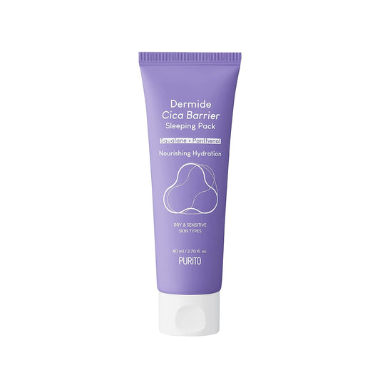 PURITO Dermide Cica Barrier Sleeping Pack is an overnight treatment designed to repair and strengthen the skin barrier while you sleep. Formulated with soothing Centella Asiatica Extract and hydrating ingredients like Squalane, Jojoba Oil, and Ceramides, it provides deep moisture and promotes skin recovery. Enriched with Panthenol and Hyaluronic Acid, this sleeping pack locks in hydration, leaving your skin soft, smooth, and revitalized by morning. Perfect for sensitive or dry skin, it helps restore balance